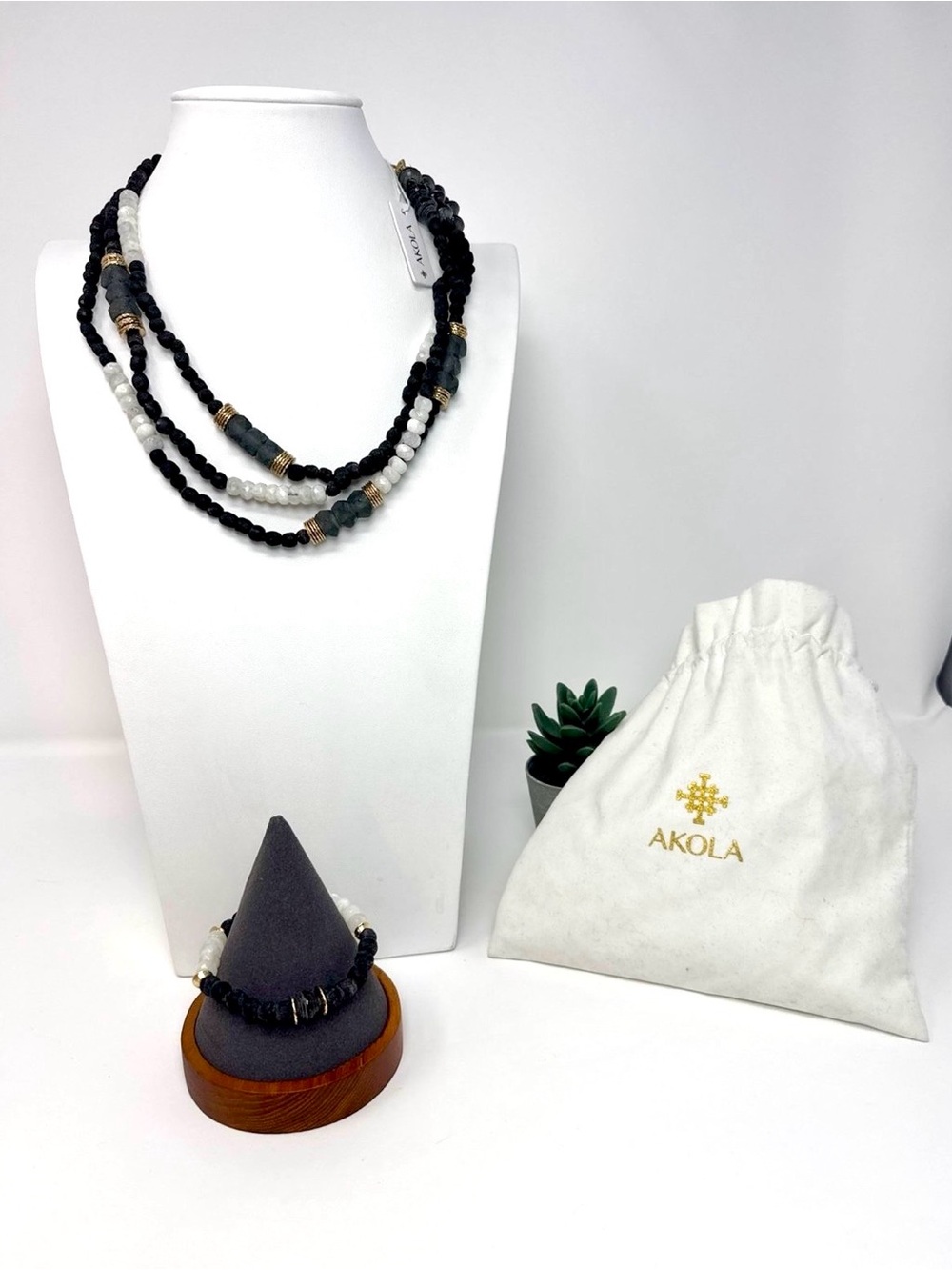 Akola Moonstone Beaded Necklace & Matching Bracelet, NWT